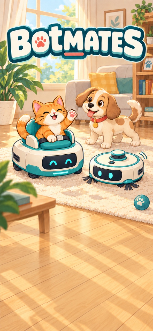 BOTMATES artwork: two vacuum robots with a cat and dog in a sunlit room